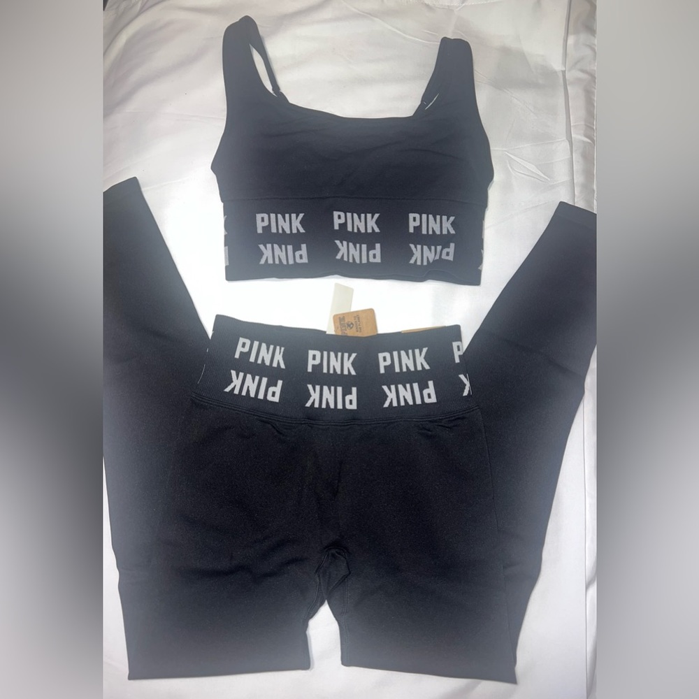 PINK Seamless Scoop Neck Sports Bra & High Waist Full Length Tight - Set